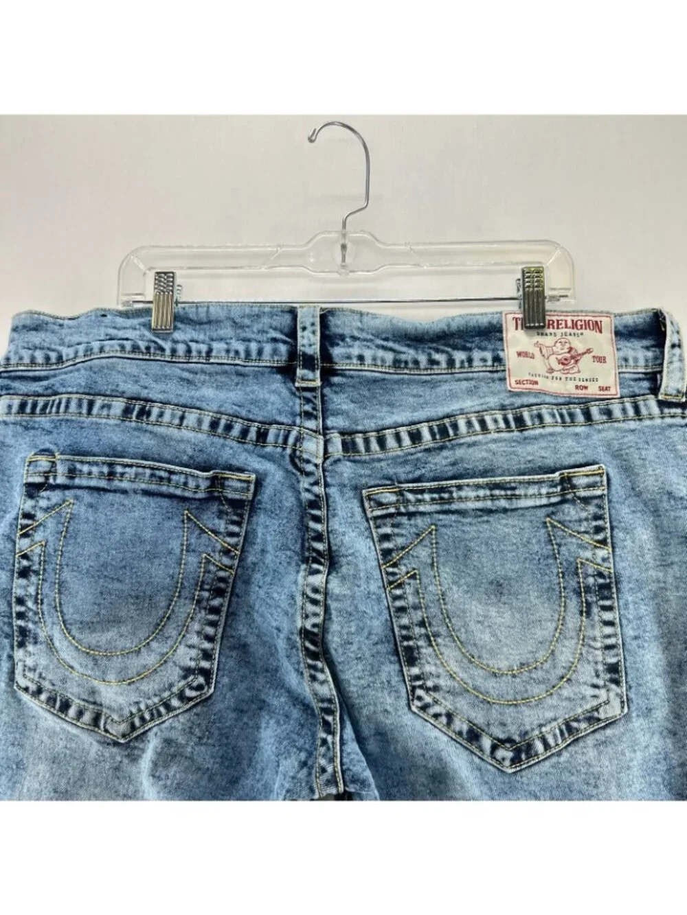 True Religion Ricky Relaxed Straight Denim Shorts Mens 42 Stretch Acid Wash Blue